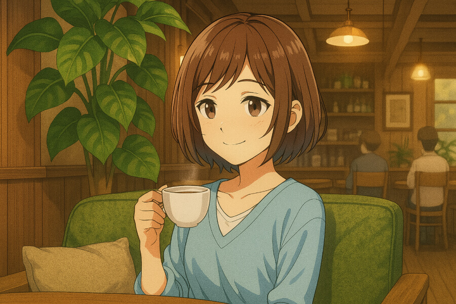 リラックスできる場所(カフェ)ですごす女性のイメージ