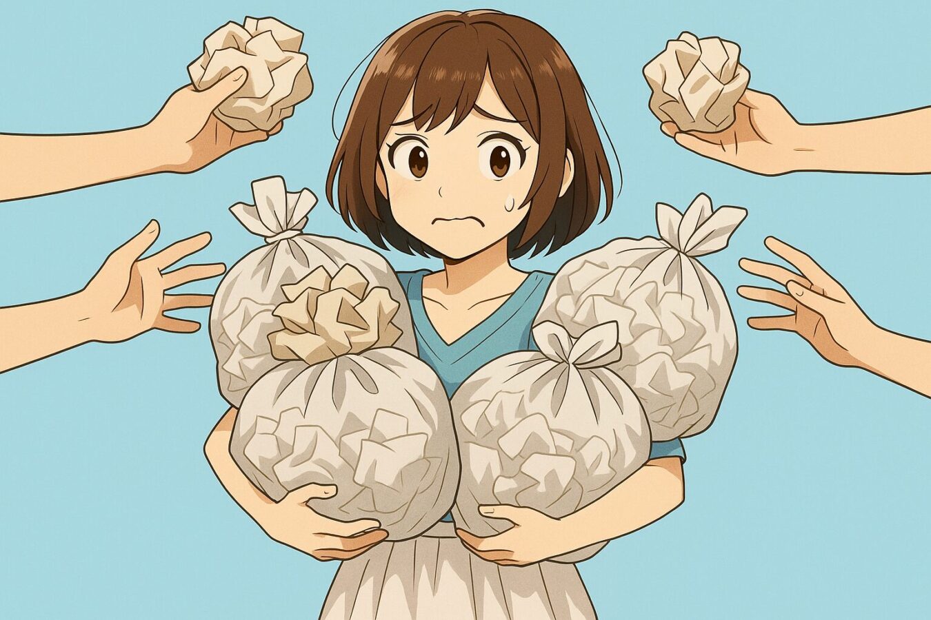 ストレスがたまる例えで紙ゴミをどんどん持たされる女性をイメージしたイラスト