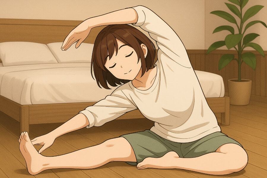 就寝前ストレッチするママのイメージ