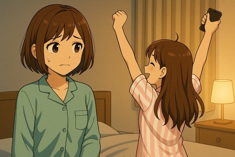 カフェイン飲料で夜になっても眠らない子どもをイラストでイメージ