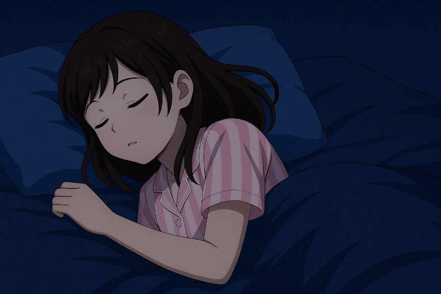 寝具を変えてぐっすり眠る子どものイメージ