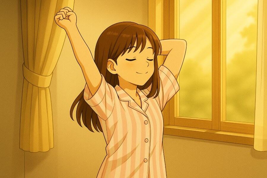 気持ちよく朝日を浴びて目覚める中学生の女の子のイメージ