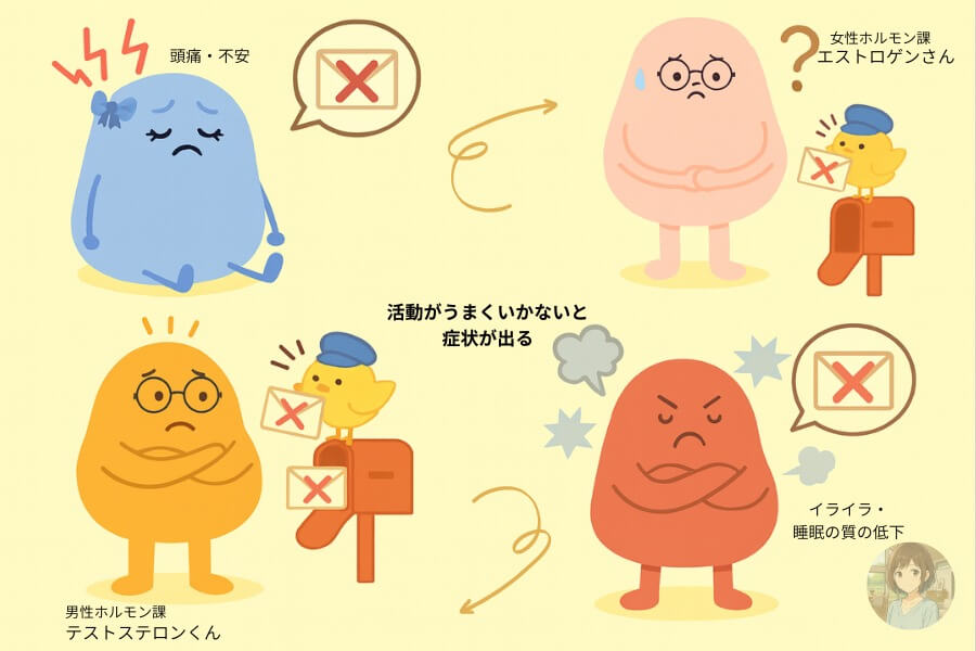 ホルモンの働きの一例としてテストステロンやエストロゲンと自律神経の働きがうまくいかないと症状が出ることを図解でイメージ