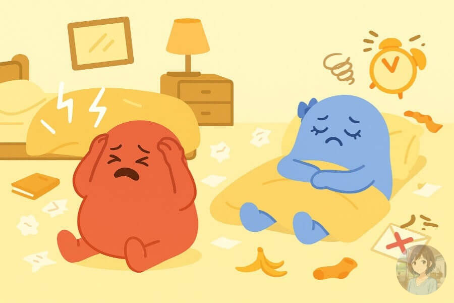 自律神経の乱れで朝が起きれない、頭痛が起きることをキャラクターを使ってイラストでイメージ