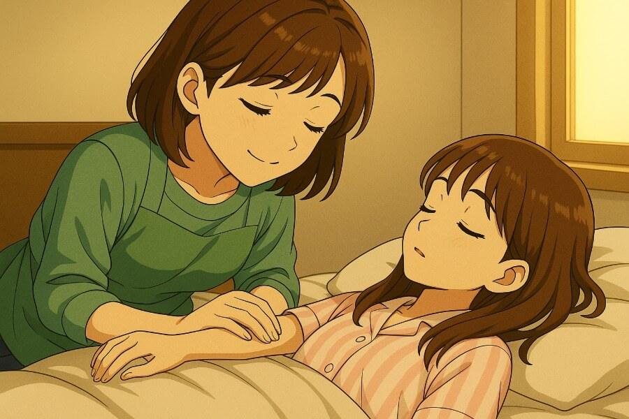 血液の循環が良くなるように、朝ママが子どもにマッサージするイメージ