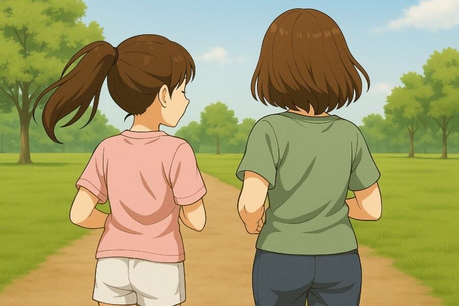 日中、親子で自然を感じながら軽いジョギングをして活動しているイメージ。