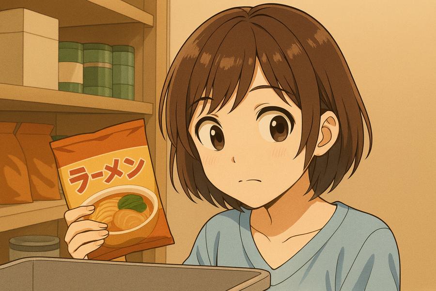 偏食の子どもが食べられるものがない日に、不登校ママがこっそり隠しておいたインスタントラーメンを取り出している様子のイメージ。